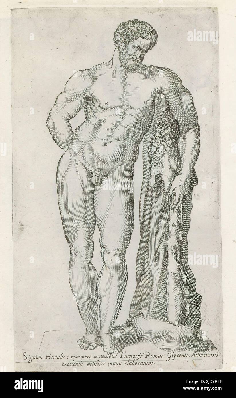 Ercole Farnese, sculture d'antichità (titolo della serie), Caption in Latino. La stampa fa parte di un album., tipografia: anonymous, Italy, 1600 - 1699, carta, incisione, incisione, altezza 227 mm x larghezza 130 mm Foto Stock