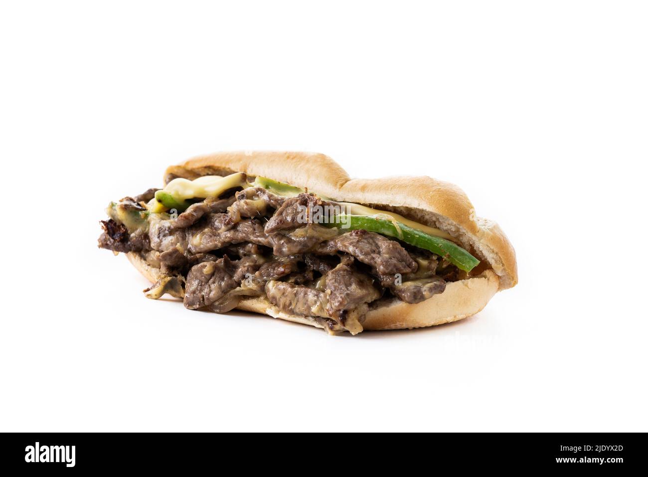 Sandwich con cheesesteak di filly con manzo, formaggio, peperoni verdi e cipolla caramellata Foto Stock