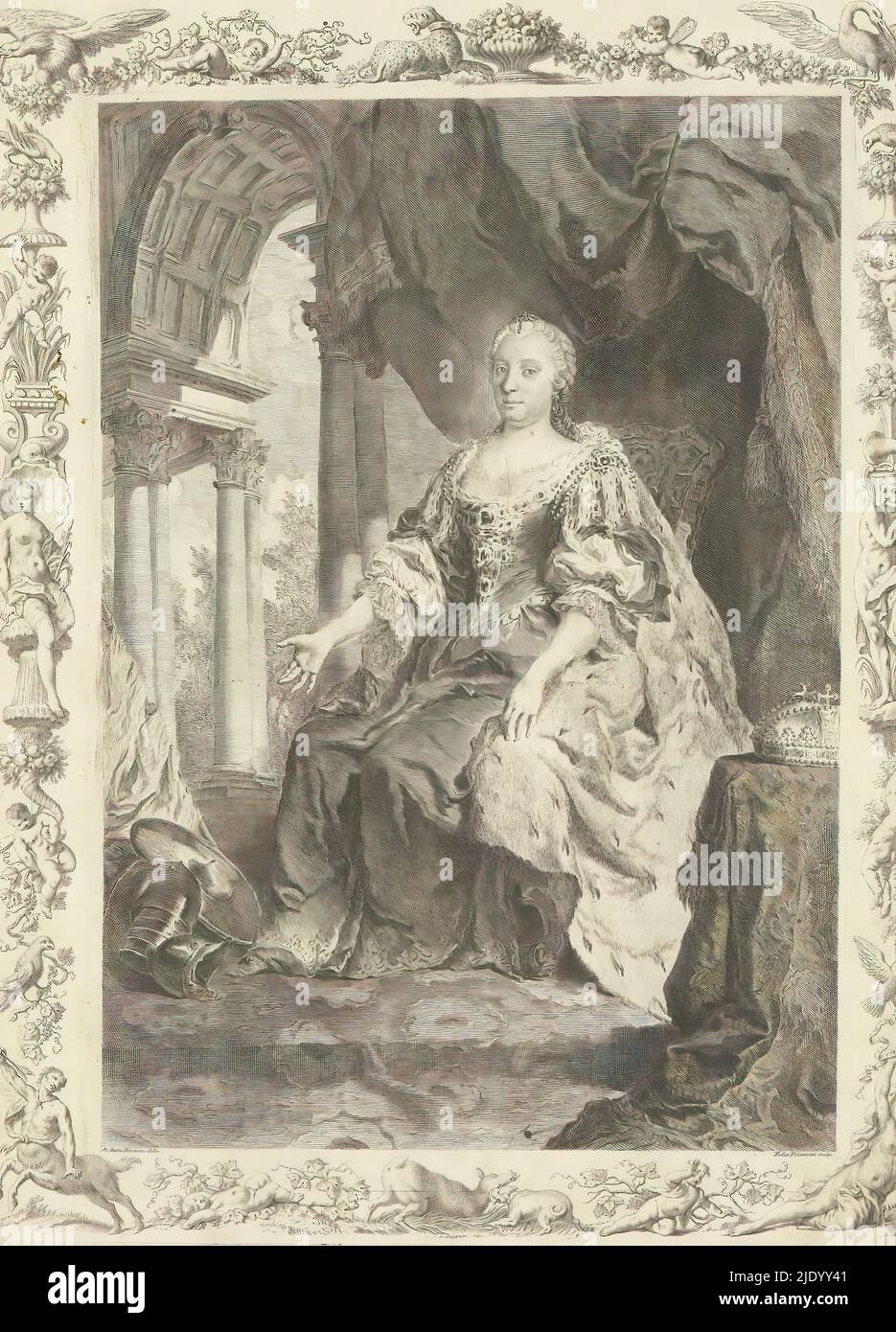 Ritratto di Maria Theresa, Imperatrice Roman-tedesca, illustrazioni per la Gerusalemme liberata (titolo della serie), in ornamento al confine con figure, animali e frutti, tipografia: Felix Polonzani, (menzionato in oggetto), dopo disegno di: Giovanni Battista Piazzetta, (menzionato in oggetto), editore: Giambattista Albrizzi, 1745, carta, incisione, altezza 359 mm x larghezza 250 mm x altezza 405 mm x larghezza 300 mm Foto Stock