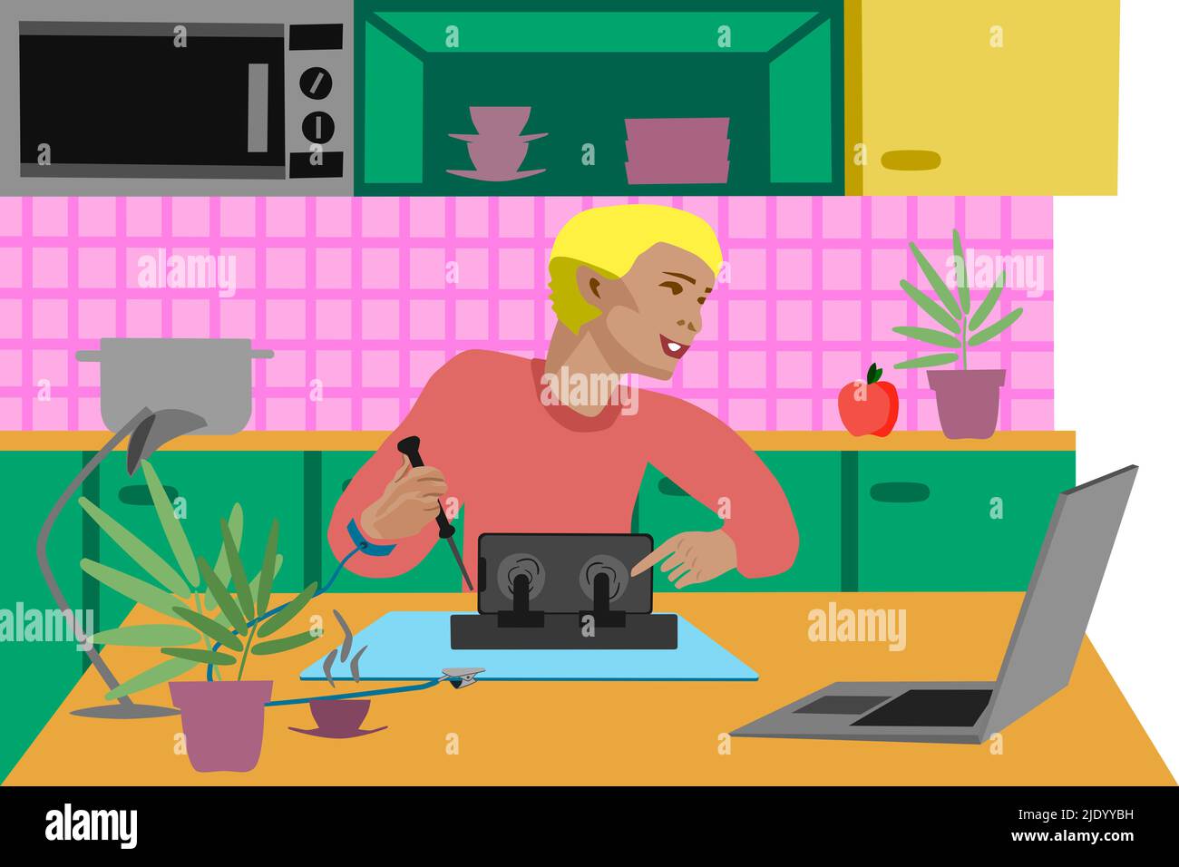 Self Service Riparazione elettronica a casa concetto cartoon arte della donna in cucina Foto Stock