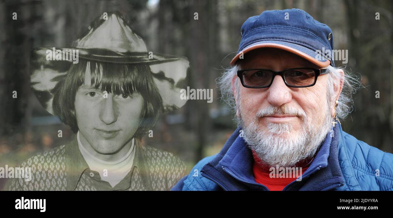 Due volte il ritratto dello stesso uomo. Sulla sinistra ha 18 anni e indossa un cappello. Sulla destra ha 61 anni, ha una barba, occhiali Foto Stock