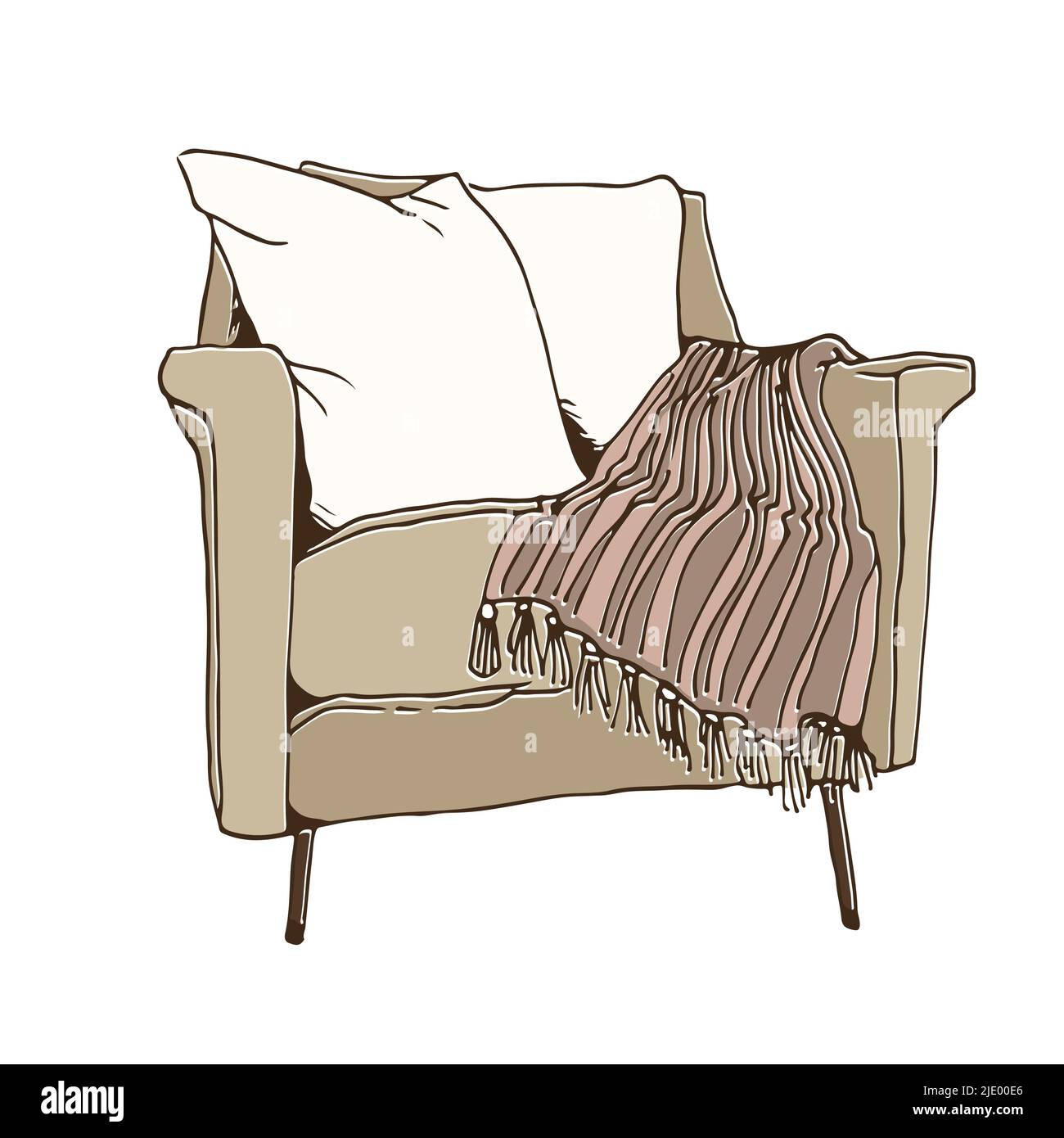 Poltrona con plaid a righe, illustrazione vettoriale isolata su sfondo bianco Illustrazione Vettoriale