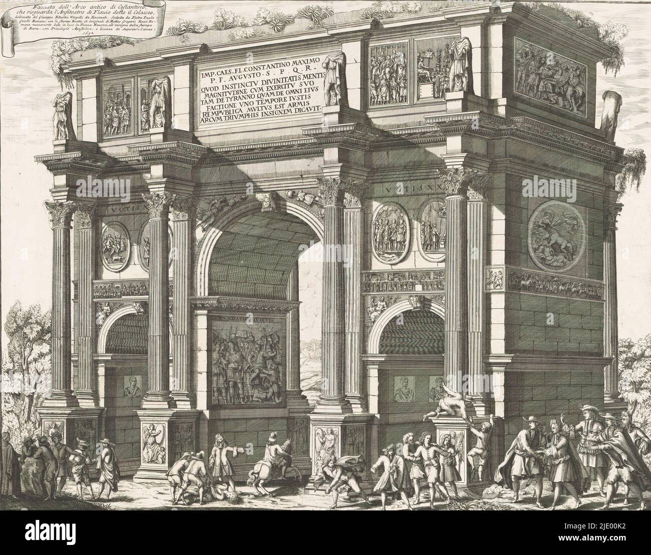 Arco di Costantino, Facciata dell'Arco antico di Costantino, che risguarda l'Anfiteatro di Flavio detto il Colosseo (titolo in oggetto), Vista dell'Arco di Costantino a Roma. Banda in alto a sinistra con testo., tipografia: Pietro Paolo Girelli, (citato in oggetto), Italia, 1692, carta, incisione, incisione, altezza 430 mm x larghezza 548 mm Foto Stock