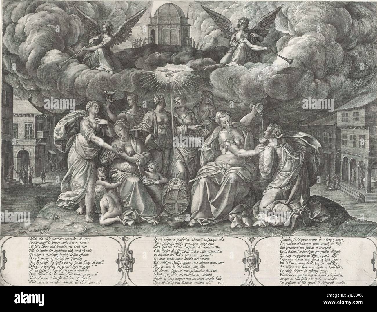 Parabola delle cinque vergini sagge e delle cinque vergini stolte, accompagnate dalle tre virtù divine, le cinque vergini sagge sono accompagnate dalle tre virtù divine. L'amore tiene la mano di uno di loro. Faith versa la tazza vuota nella tazza di una vergine inginocchiata. Nella speranza di mezzo. Sopra di loro lo Spirito Santo sotto forma di colomba. La colomba riempie il recipiente di liquido. Nelle nuvole, due angeli annunciano l'avvento dello sposo soffiando la tromba. Nel tempio in cima, Cristo riceve le cinque vergini sagge. Le cinque vergini stolte sono chiuse sul lato destro del tempio. Nel Foto Stock