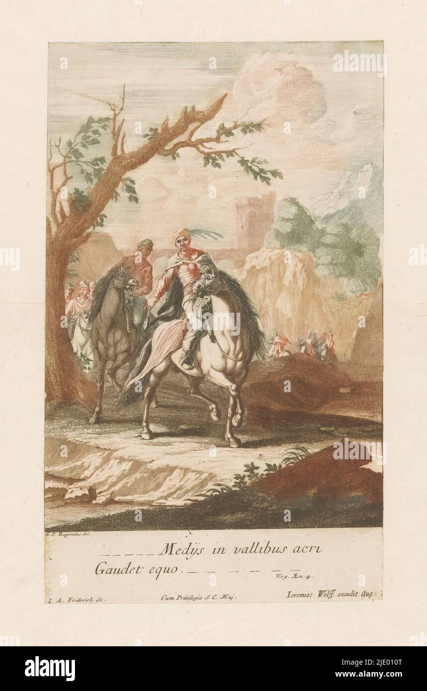 Cavalieri marciano attraverso la valle, Medijs in Vallibus acri Gaudet equo (titolo sull'oggetto), tipografo: Jacob Andreas Fribrich (i), (menzionato sull'oggetto), dopo disegno di: Georg Philipp Rugendas (i), (menzionato sull'oggetto), editore: Jeremias Wolf, (menzionato sull'oggetto), editore: Augsburg, Heilige Roomse Rijk, 1694 - 1724, carta, incisione, incisione, incisione, altezza 286 mm x larghezza 171 mm Foto Stock