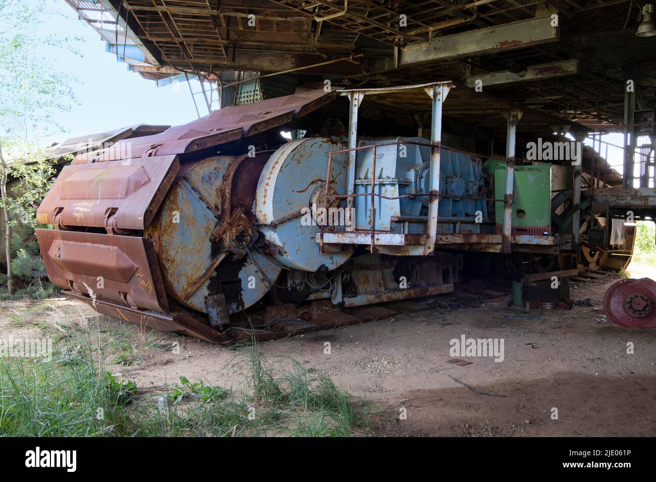 Trasmissione a catena sotto l'unità centrale, escavatore, escavatore a ruote con benna 1473 SRS 1500, 258, Blaues Wunder, monumento industriale, luogo perduto, Schipkau Foto Stock