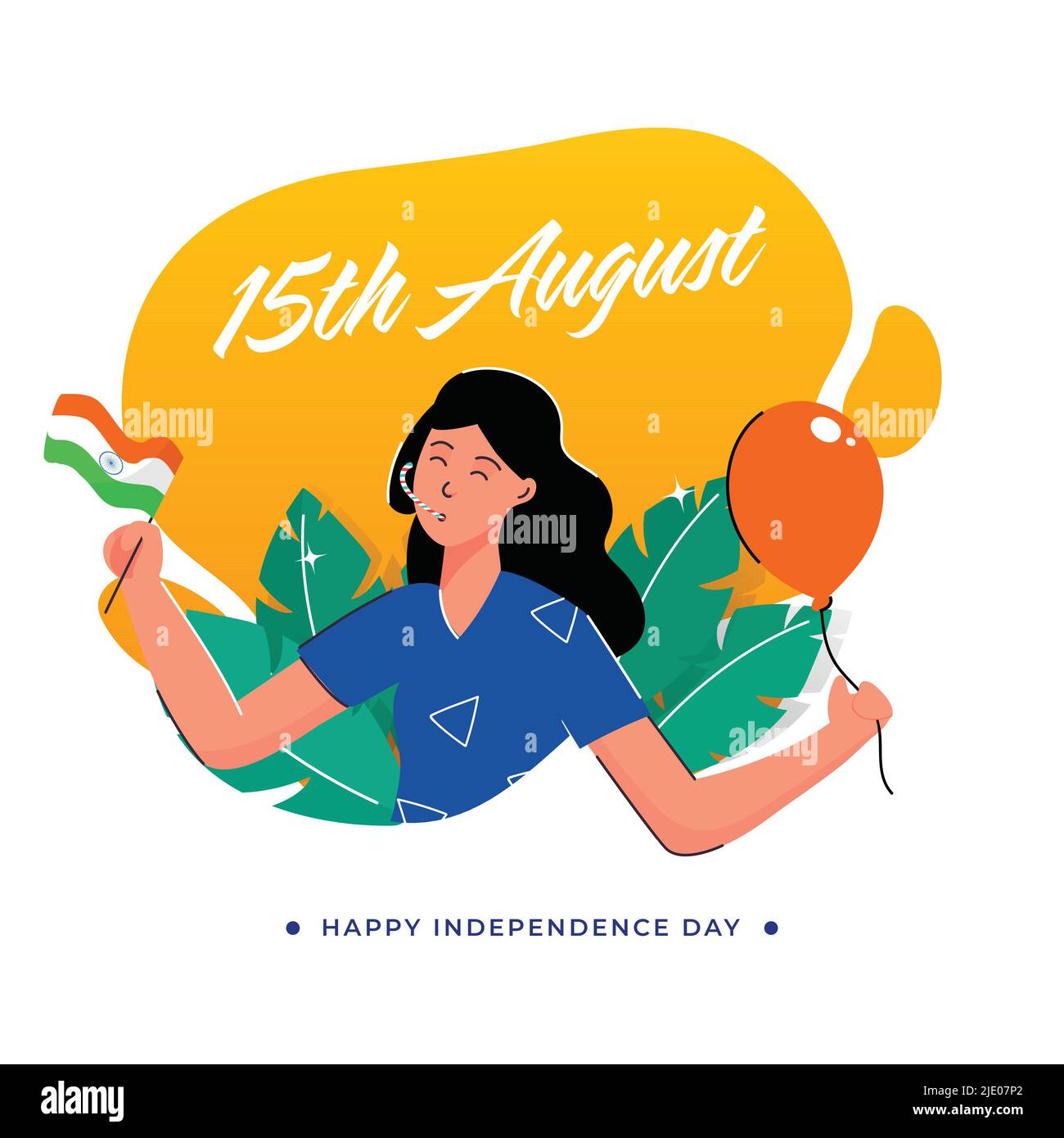 15th agosto, Happy Independence Day concetto con Young Girl Holding Balloon, India Flag, foglie su cromo giallo e sfondo bianco. Illustrazione Vettoriale