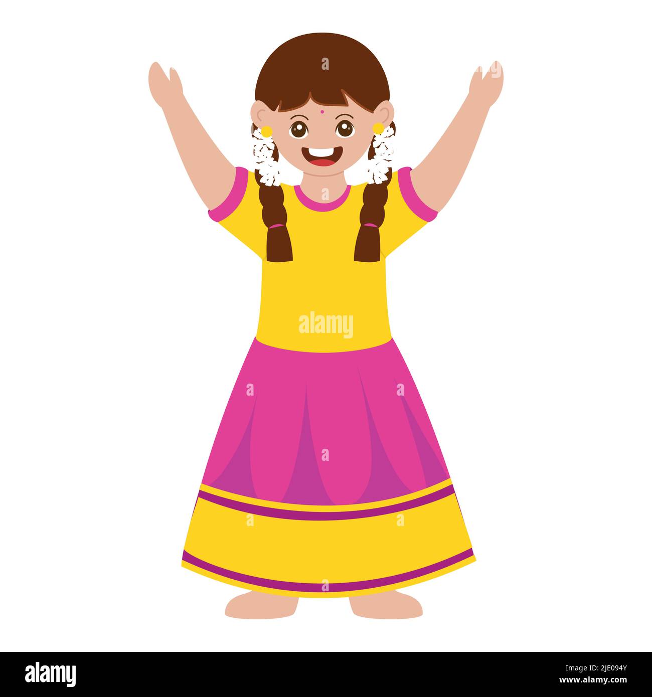 Felicità ragazza carino alzare le mani in posa in piedi su sfondo bianco. Illustrazione Vettoriale