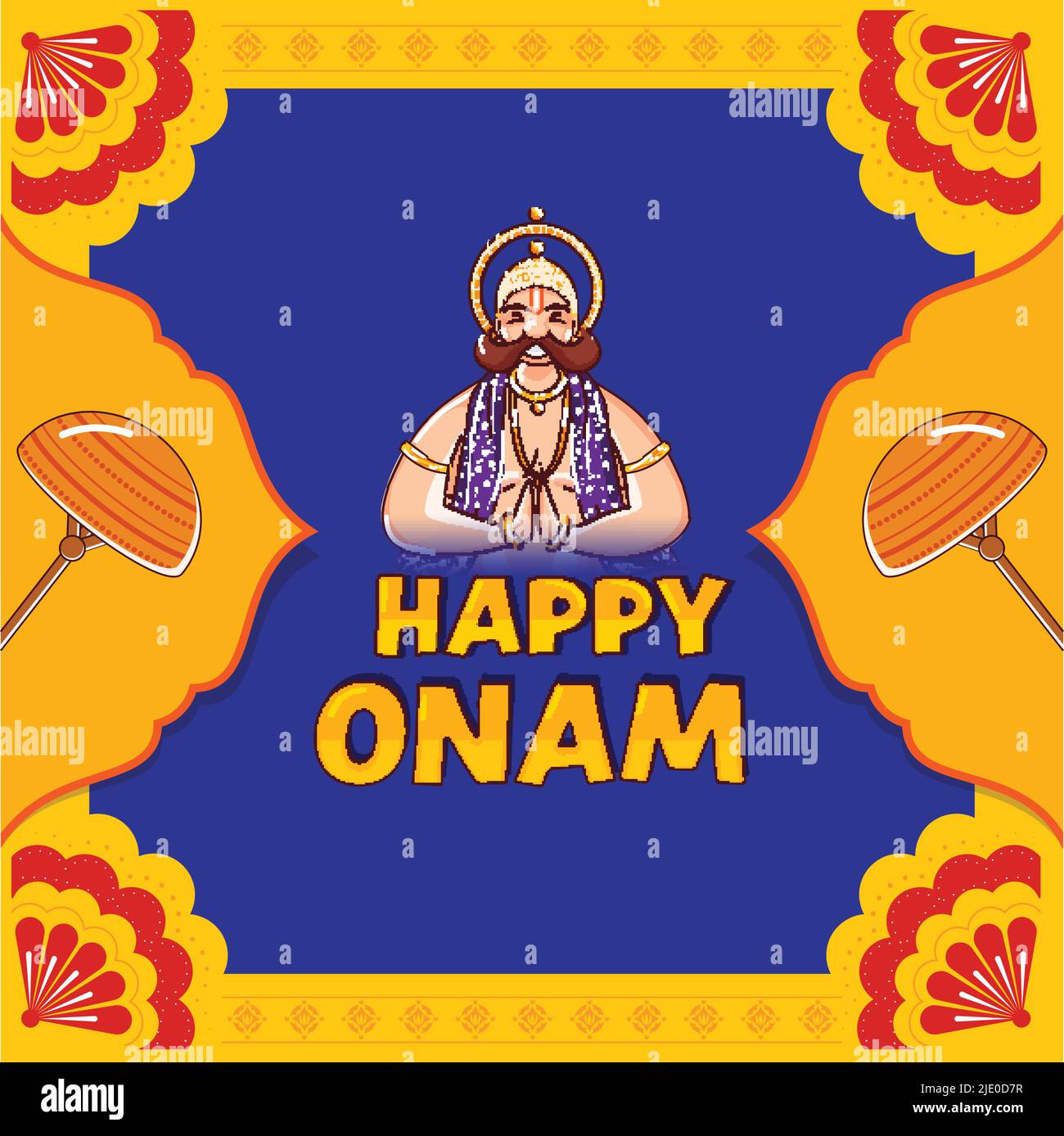 Felice Onam Celebration sfondo con allegro re Mahabali fare Namaste. Illustrazione Vettoriale