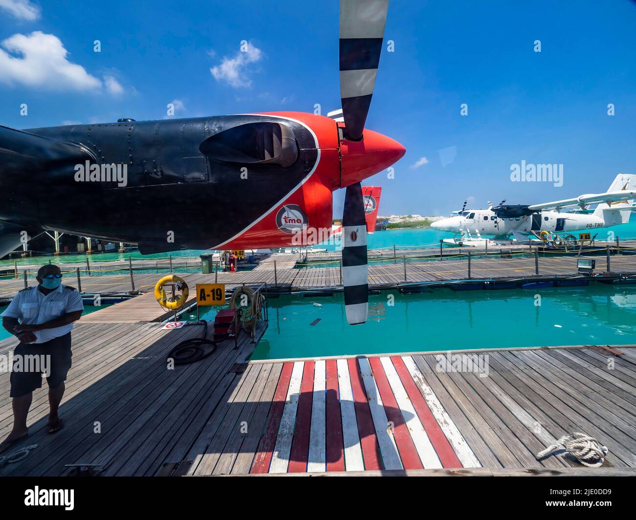 Pontile con idrovolanti, De Havilland Canada DHC-6 300 Twin Otter, Male International Airport, Hulhule, Maldive Foto Stock