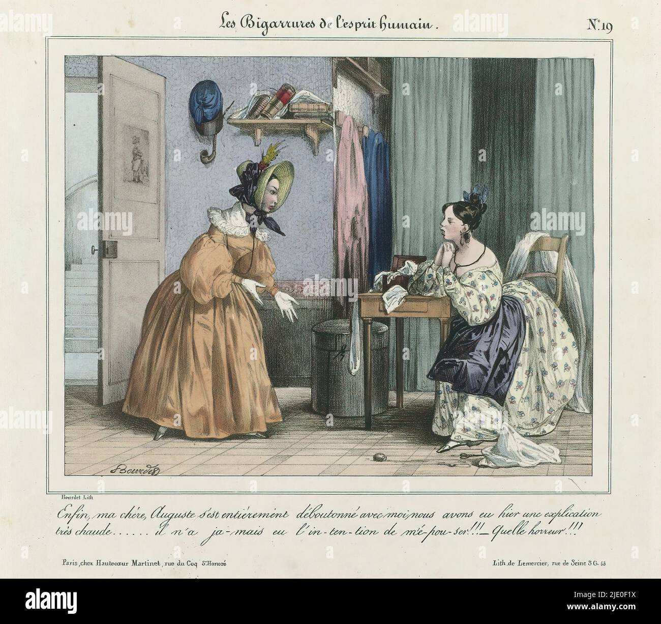 Les Bigarrures de l' esprit humain, n° 19 : enfin, ma chére, (...) (Titolo sull'oggetto), Les Bigarrures de l'esprit humain, ca. 1830-1831. Due donne in una conversazione (pettegolezzi). Entrambi vestiti come per...., stampatore: Joseph Rose Lemercier, (menzionato sull'oggetto), dopo disegno da: Bourdet, (menzionato sull'oggetto), editore: Hautecoeur Martinet, (menzionato sull'oggetto), Parigi, c. 1830 - c. 1831, carta, altezza 253 mm x larghezza 342 mm Foto Stock