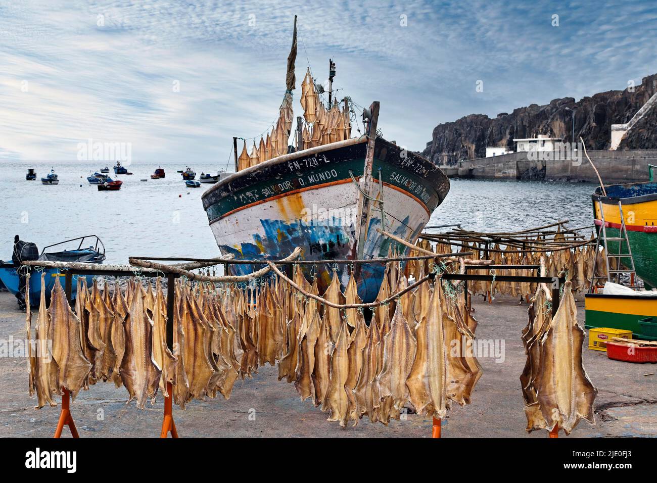 Stocchere sospeso su rastrelliera, barca da pesca, mare Baia de Camara de Lobos, Madeira, ufficialmente Regione autonoma di Madeira, isola, Oceano Atlantico Foto Stock