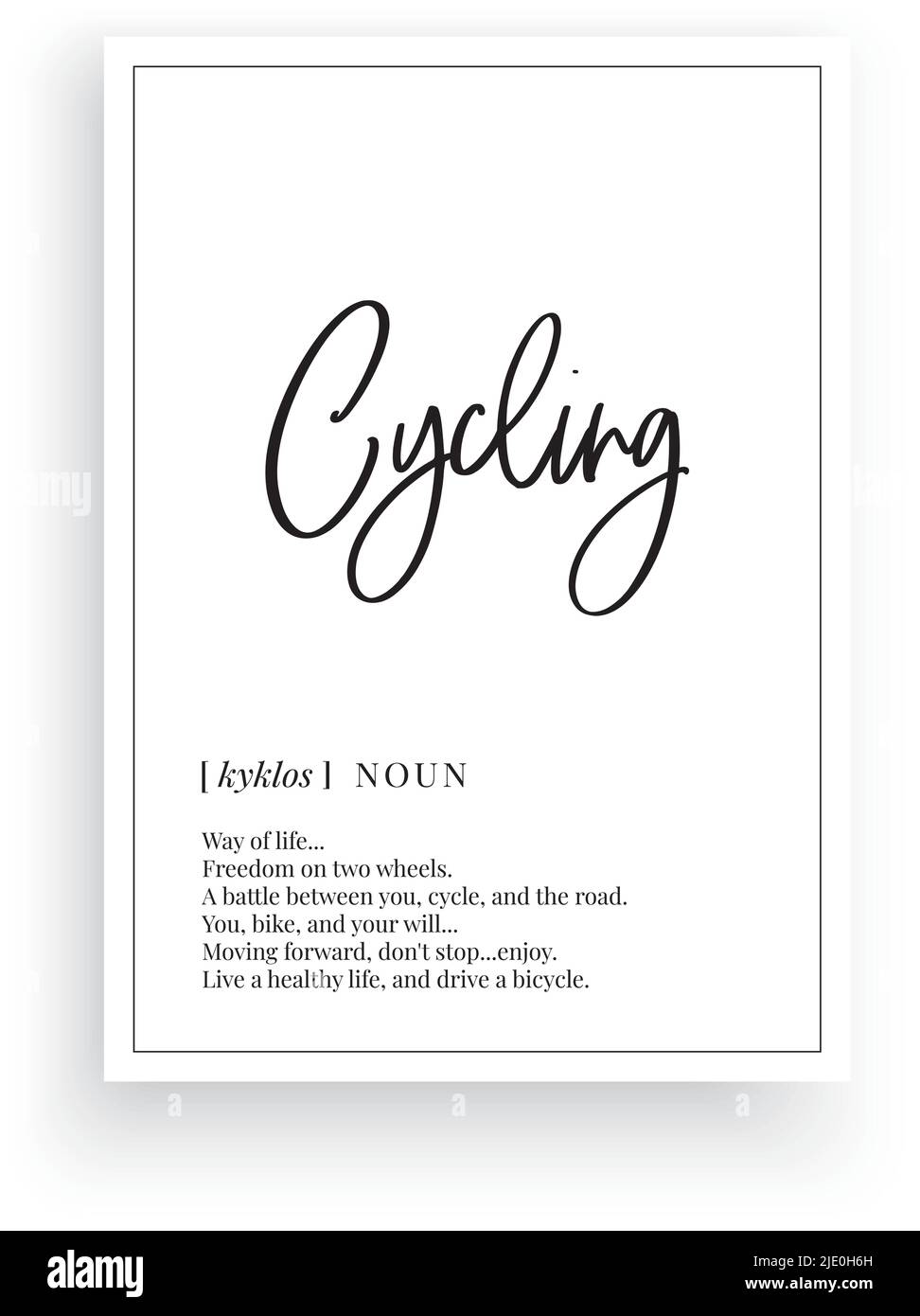 Ciclismo, vettore. Design minimalista e moderno. Descrizione del nome. Wording Design isolato su sfondo bianco, lettere. Arte da parete Illustrazione Vettoriale