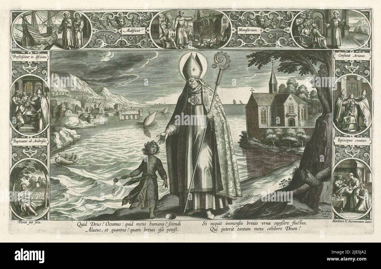 Sant'Agostino e il Bambino, Sant'Agostino ai margini di un lago con vista su una città a sinistra e una chiesa a destra. Alla sua sinistra, un bambino con un cucchiaio raccoglie l'acqua dal lago in un buco nel terreno. Incorniciata da ornamenti e scene della vita di Sant'Agostino. Dal basso a sinistra in basso a destra: Agostino che prega in giardino, Ambrogio che batte Agostino, partenza per l'Africa, Agostino tra i lavoratori, Agostino nel monastero, Agostino consacrato vescovo, Agostino che riceve il Santissimo Sacramento. Con la didascalia: Quid Deus ? ...Mens cohibere Deum?, pri Foto Stock