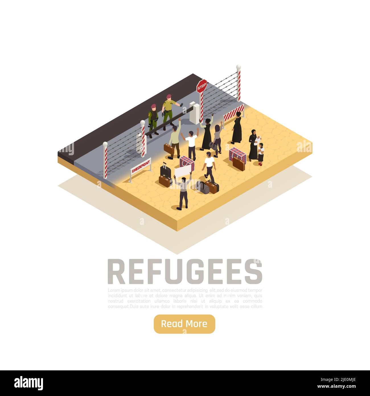 Composizione isometrica dei rifugiati con immigrati e poliziotti che si trovano su lati diversi dell'illustrazione dei vettori di frontiera dello Stato Illustrazione Vettoriale