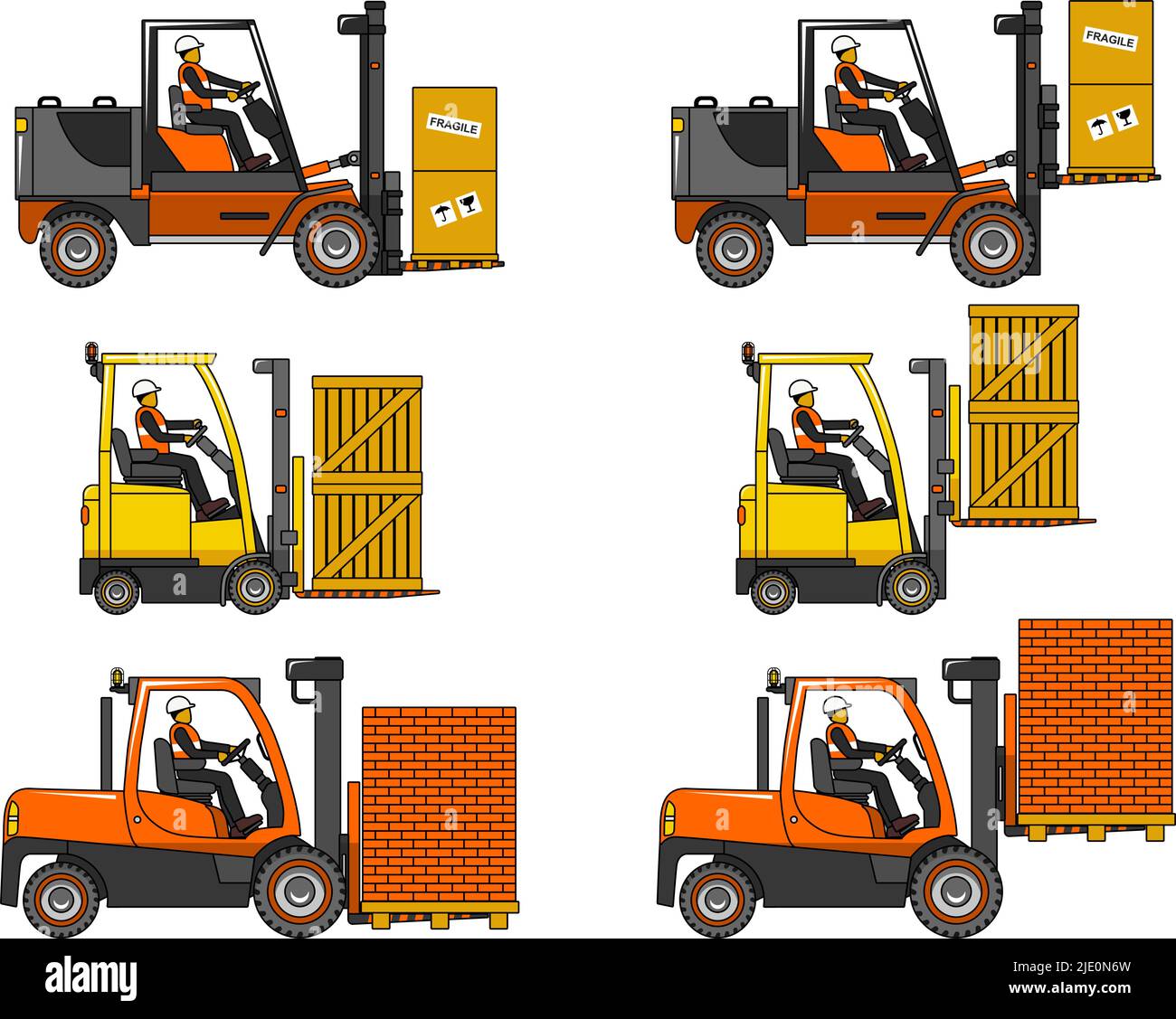 Illustrazione dettagliata di carrelli elevatori, attrezzature pesanti e macchinari Illustrazione Vettoriale