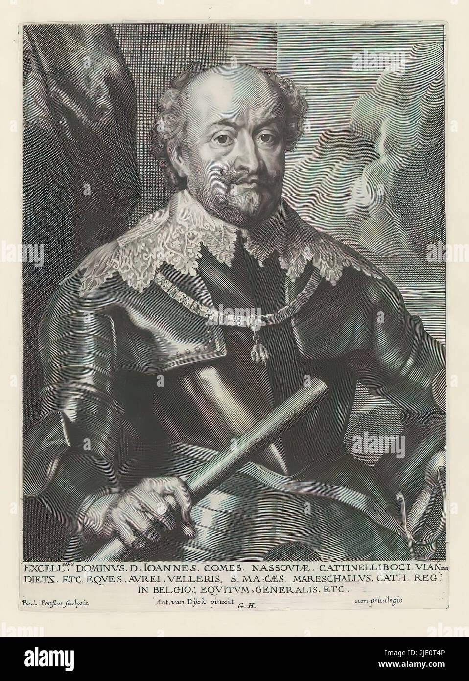 Ritratto di Johan VIII, Conte di Nassau-Siegen, Icones Principum Vivorum Doctorum Pictorum Chalcograporum Statuariorum nec non Amatorum Pictoriae Artis Numero Centum ab Antonio van Dyck Pictore ad Vivum Expressae Eiusq: Sumbus aeri incisae (titolo della serie), Iconographie (titolo della serie Johan III) Nella sua mano destra uno staff di comando. Questa stampa fa parte di un album., stampatore: Paulus Pontius, (menzionato sull'oggetto), dopo la pittura di: Anthony van Dyck, (menzionato sull'oggetto), editore: Gilles Hendricx, (menzionato sull'oggetto), Anversa, 1630 - 1641 e/o 1645 - 1646, carta, incisa Foto Stock