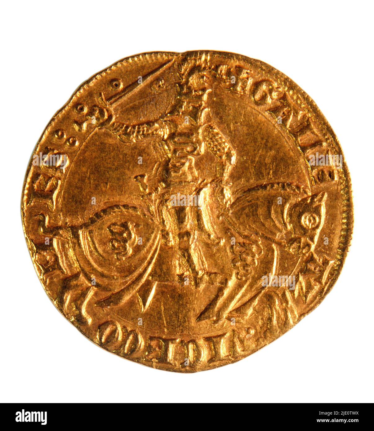 Milano, Gian Galeazzo Visconti 1385-1402. Indietro Florin o Ducato, con il duca a cavallo e scudo, casco e cresta. Oro, 3,42 g. Molto raro. Foto Stock