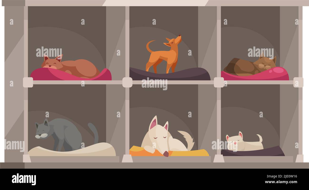 Icona del cartone animato dell'hotel per animali domestici con animali carini che dormono su letti singoli illustrazione vettoriale Illustrazione Vettoriale