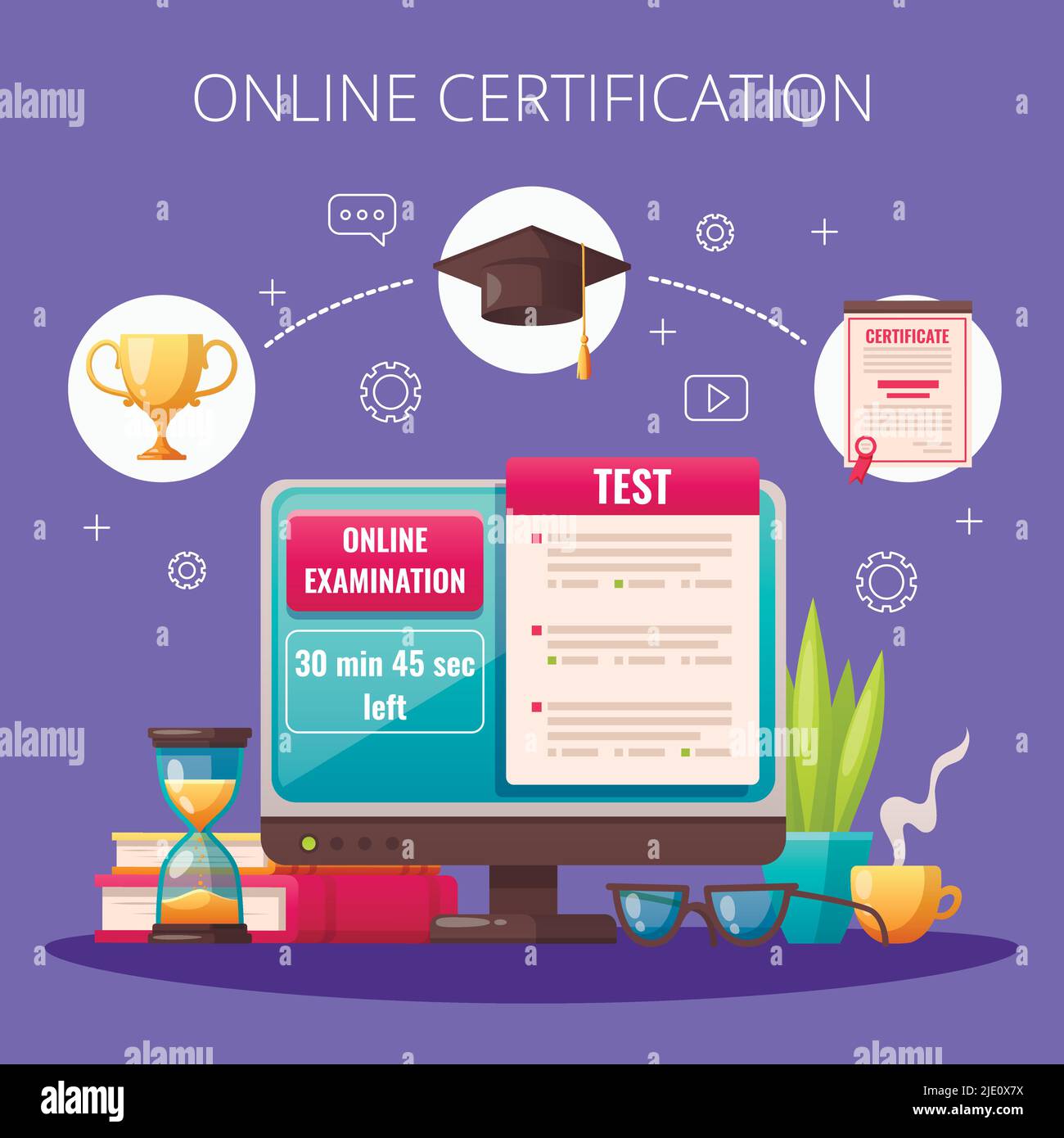 Programmi di certificazione professionale online corsi test di esame pubblicità cartoon composizione con monitor per computer graduazione cap vettore illustrazione Illustrazione Vettoriale