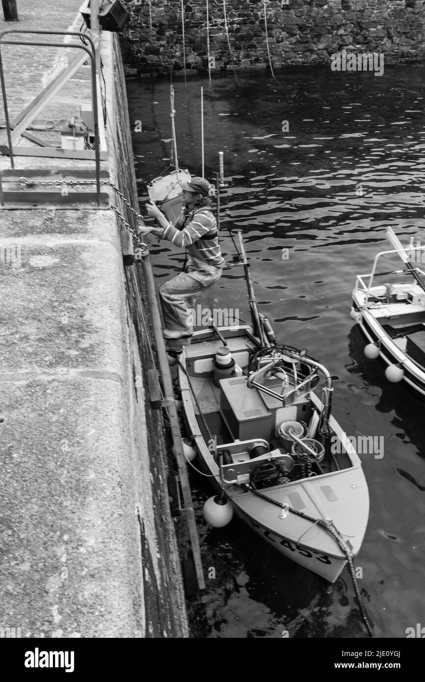 Pescatore che offloading la sua cattura a Mullion Harbour, Cornovaglia Foto Stock