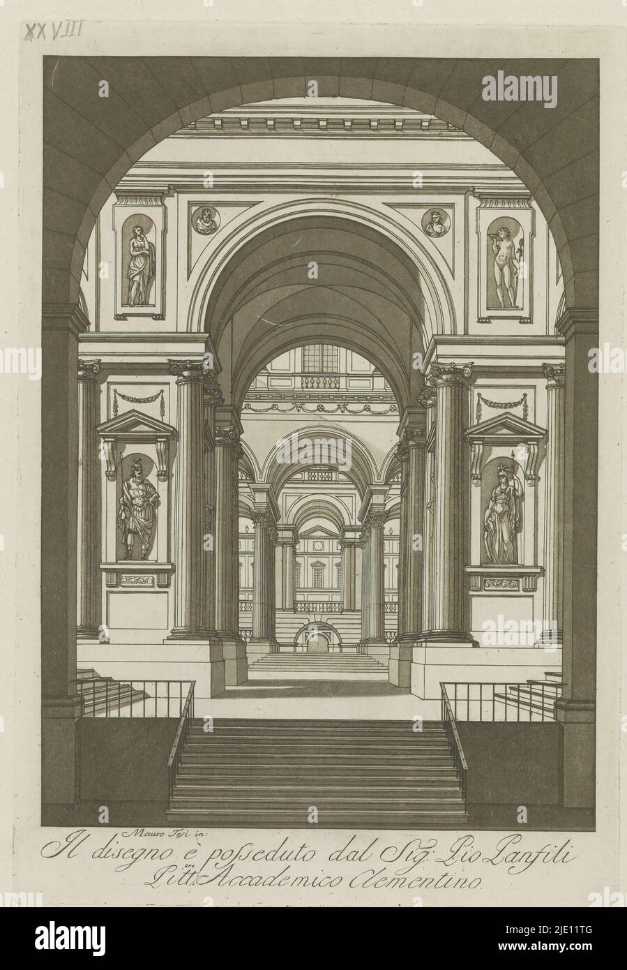 Chiesa interna con scale, Raccolta di segni originali di Mauro Tesi (titolo della collana), Print fa parte di un album., tipografo: anonymous, dopo disegno di: Mauro Antonio Tesi, (menzionato in oggetto), editore: Lodovico Inig, Bologna, 1787, carta, incisione, altezza 328 mm x larghezza 225 mm, altezza 414 mm x larghezza 289 mm Foto Stock