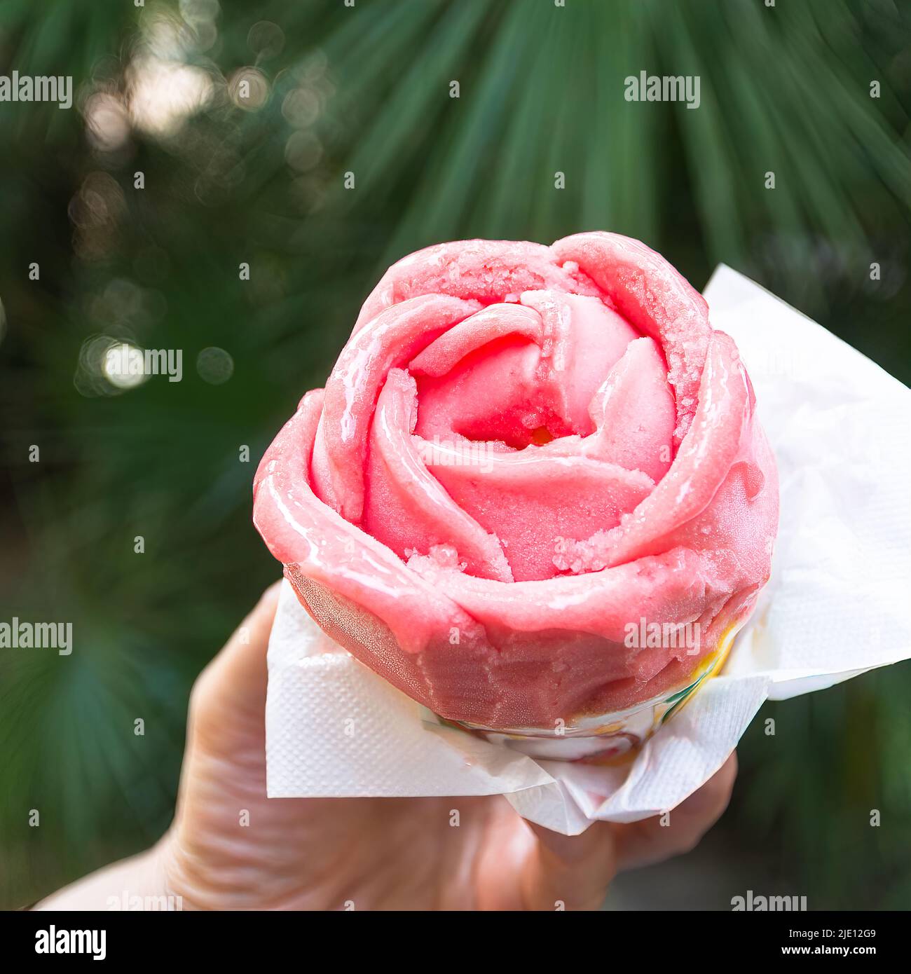 Gelato alla fragola a forma di fiore tenuto da una giovane donna Foto Stock