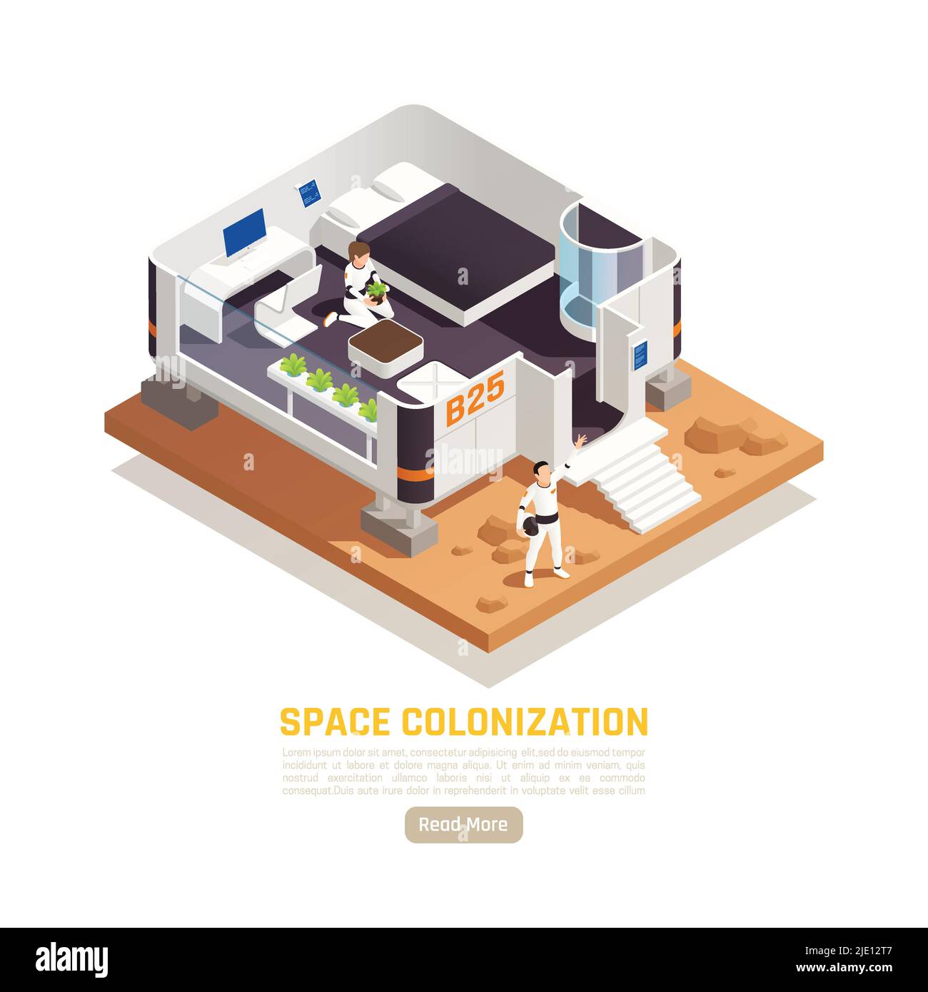 Colonizzazione spaziale sfondo isometrico terraformante con vista del modulo vivente con testo modificabile e illustrazione vettoriale pulsante Illustrazione Vettoriale