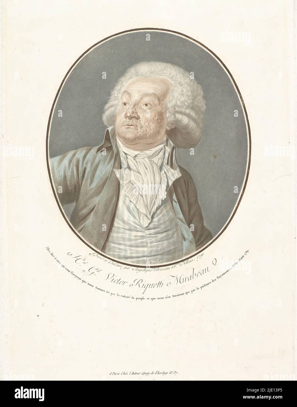 Ritratto di Honoré Gabriel Riqueti, Conte Mirabeau, Ritratto busto di una delle figure principali della Rivoluzione francese. Il suo volto è girato a sinistra, mostrando le cicatrici pesanti risultanti dal vaiolo che ha colpito il ritratto come un bambino di 3 anni., tipografo: Angélique Briceau, (menzionato sull'oggetto), 1791, carta, incisione, altezza 350 mm x larghezza 414 mm Foto Stock