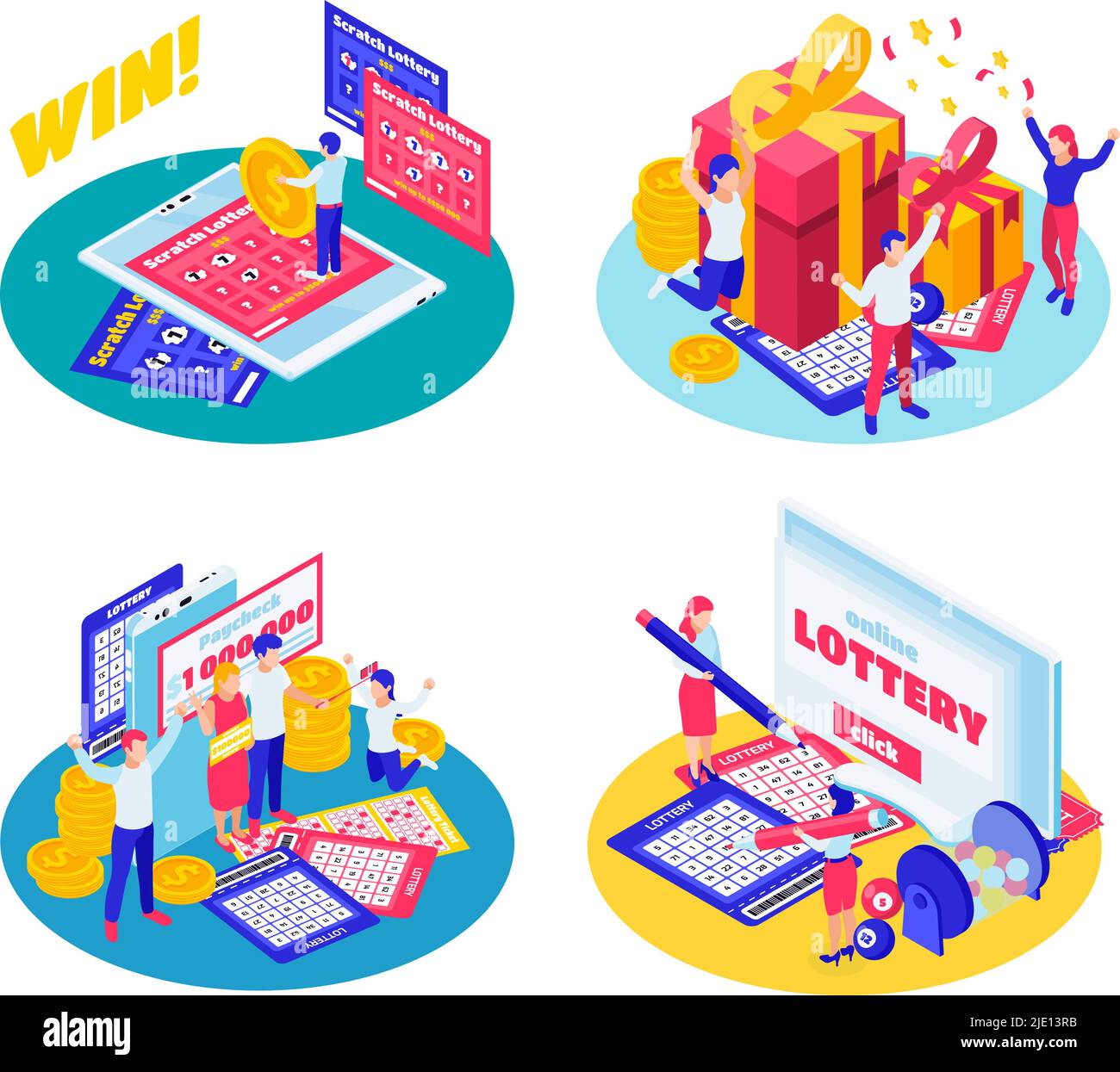 Lotteria jackpot gratta carte biglietti estrazione risultati vincitore Grand premio celebrazione 4 circolare isometrica composizioni illustrazione vettoriale Illustrazione Vettoriale