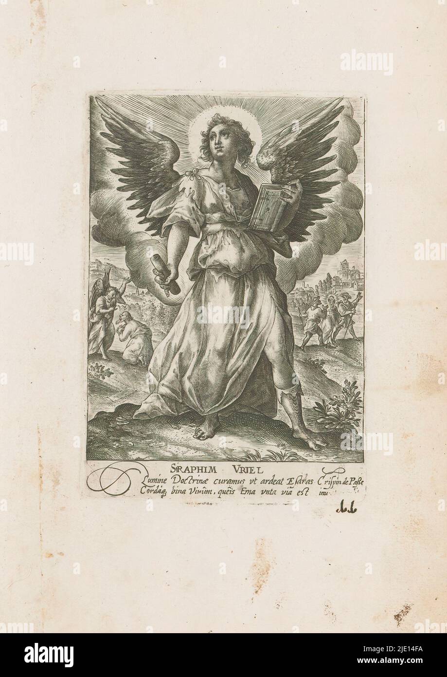 Arcangelo Uriel, Seraphim Uriel (titolo su oggetto), Arcangeli e altri angeli (titolo della serie), Deus Pater ex quo Omnia Angeli (titolo della serie su oggetto), Arcangelo Uriel con libro e fremito o carta arrotolata. A sinistra sullo sfondo, Uriel rimprovera il sacerdote Ezra. Proprio sullo sfondo i due discepoli incontrano Cristo sulla via di Emmaus. Parte di una serie di dodici raffigurazioni di arcangeli e altri angeli in questo album. Parte di un album di raffigurazioni principalmente cristiane., tipografia: Crispijn van de Passe (i), dopo il proprio disegno di: Crispijn van de Passe (i), (m Foto Stock