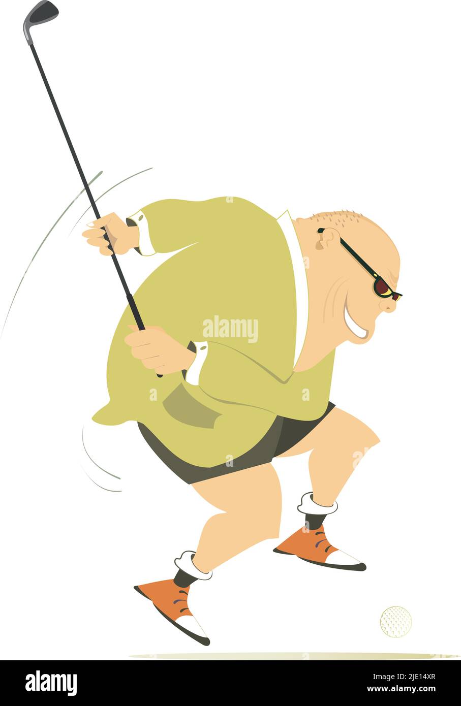 Fumetto golfer uomo sul campo di golf illustrazione. Sorridente golfer grasso-testa calva negli occhiali da sole che colpiscono la sfera di golf con il randello. Isolato su bianco Illustrazione Vettoriale