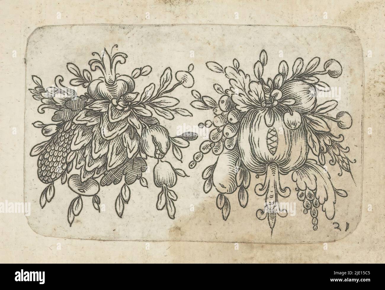 Due mazzi di frutta, ornamenti con cherubini e mazzi di frutta (titolo della serie), due mazzi di frutta. Numerato in basso a destra: 21. La stampa fa parte di un album., tipografia: anonymous, 1601 - 1650, carta, incisione, altezza 59 mm x larghezza 92 mm Foto Stock