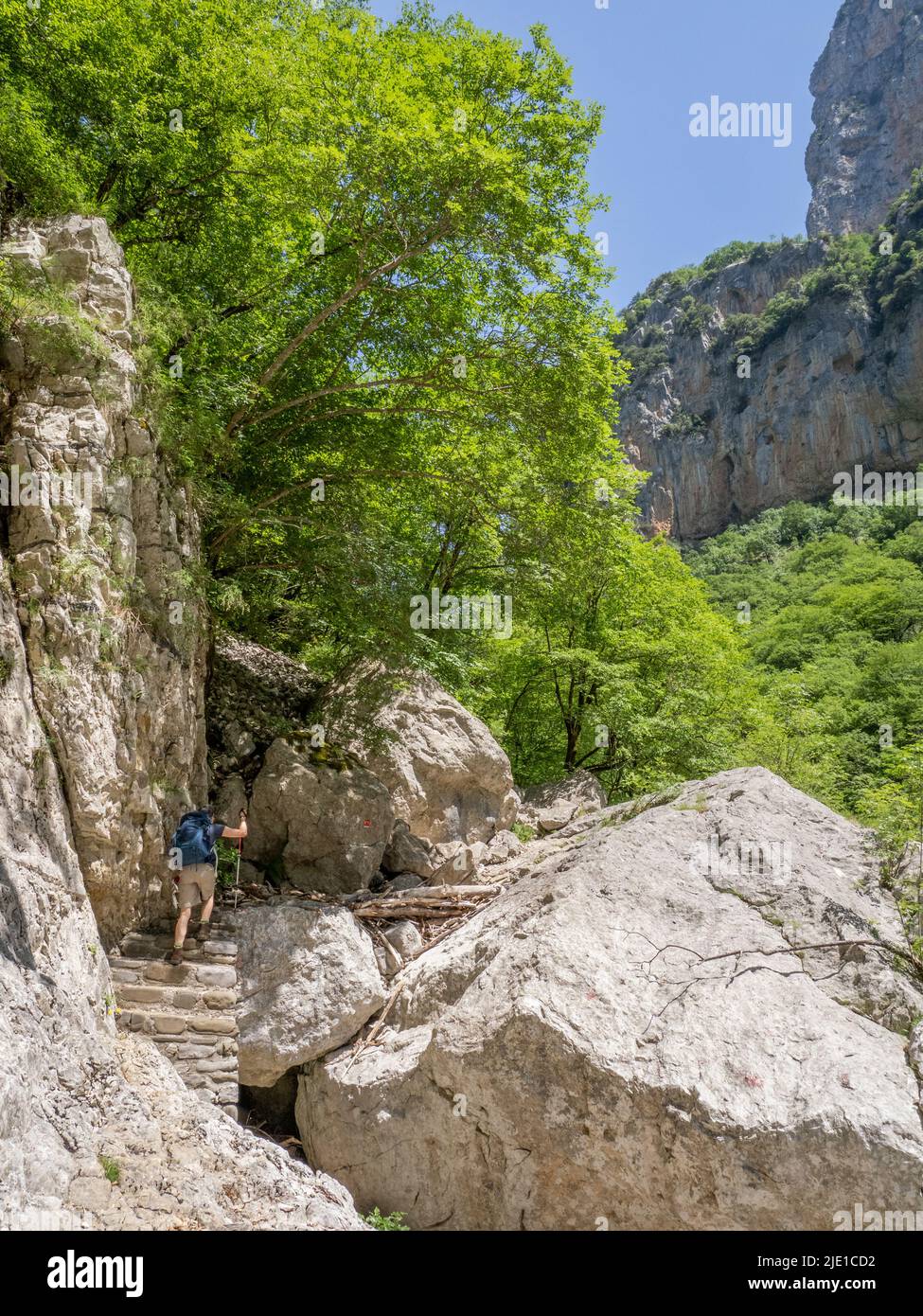 Walker che negozia la sezione rocciosa del letto del fiume della gola di Vikos che attraversa la regione di Zagori dei Monti Pindus della Grecia settentrionale Foto Stock
