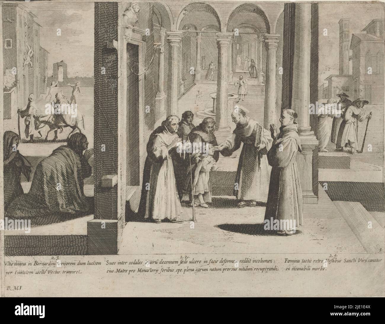 Tre episodi dalla vita di San Bernardino di Siena, la vita di San Bernardino di Siena (titolo della serie), San Bernardino di Siena cura un ragazzo che ha dolore al volto (episodio 22). Sulla sinistra si prega a San Bernardino di Siena (episodio 23). Sullo sfondo a destra Bernardin guarisce una donna malata (episodio 24)., tipografo: Bernardino Capitelli, dopo disegno di: Rutilio di Lorenzo Manetti, (menzionato sull'oggetto), Italia, 1635, carta, incisione, altezza 210 mm x larghezza 273 mm Foto Stock
