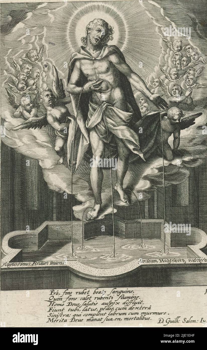 Fons Vitae, Strumenti della Passione (titolo della serie), Cristo in piedi nella fontana, spargendo il suo sangue dalle sue cinque ferite. Dietro di lui nelle nuvole due file di angeli e cherubini., stampatore: Abraham Hogenberg, (menzionato sull'oggetto), dopo disegno di: Augustin Braun, (menzionato sull'oggetto), Guilhelm Salsman, (menzionato sull'oggetto), 1608 - 1658, carta, incisione, altezza 168 mm x larghezza 110 mm Foto Stock