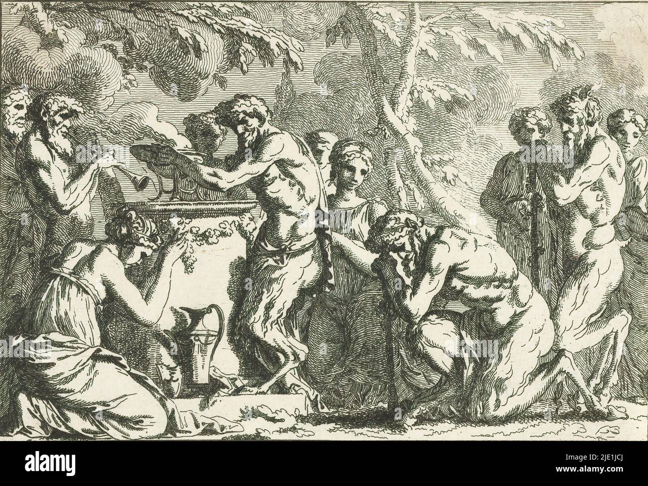 Satiri all'altare sacrificale, scene storiche e mitologiche (titolo della serie), un gruppo di satiri e ninfe ad un altare sacrificale, tipografo: Philippe Louis Parizeau, (menzionato in oggetto), dopo disegno di: Louis Félix de la Rue, (menzionato in oggetto), Francia, 1770 - 1771, carta, incisione, altezza 106 mm x larghezza 151 mm Foto Stock