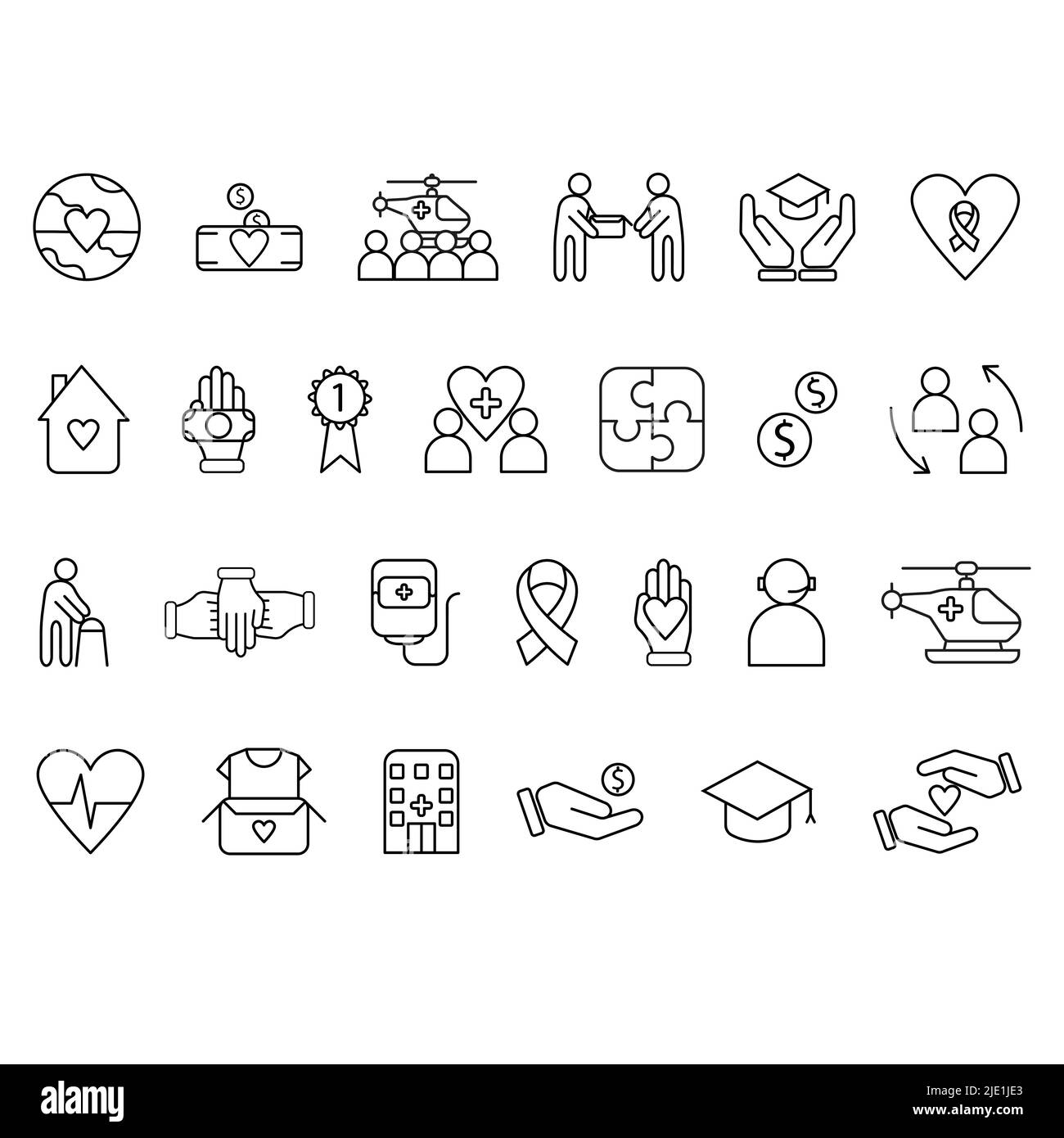 Icone vettoriali a linea sottile relative a cause umanitarie - volontariato, adozione, donazioni, beneficenza, organizzazioni no-profit. Illustrazione Vettoriale