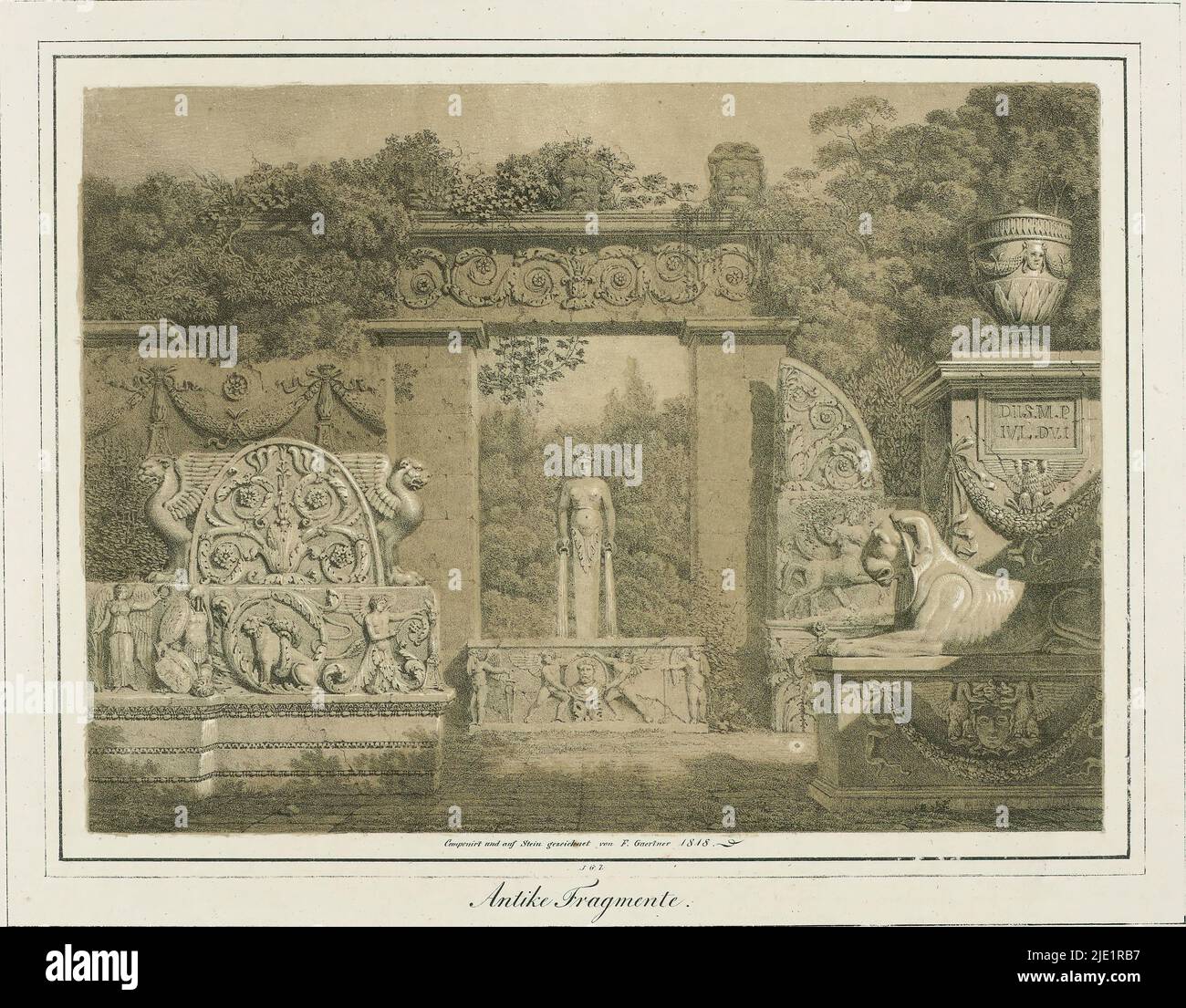 Fantasia architettonica con elementi antichi, Antike Fragmente (titolo su oggetto), tipografo: Friedrich von Gärtner, (menzionato sull'oggetto), dopo disegno di: Friedrich von Gärtner, (menzionato sull'oggetto), 1818, carta, altezza 410 mm x larghezza 570 mm Foto Stock