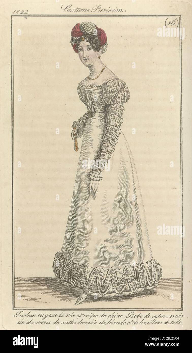 Journal des Dames et des Modes, Francoforte edizione 14 Avril 1822, Costumi Parisiens (16), secondo la didascalia e il testo di accompagnamento (p. 432): Turbante di 'sguardo lamée' e crêpe de chine. Abito di raso decorato con 'chevron' satinato rifinito con Bionda (merletto di rocca) e 'bouillons' di tulle. La stampa fa parte della rivista di moda Journal des Dames et des Modes, pubblicata a Francoforte come copia dell'edizione francese di Pierre de la Mésangère, Parigi, 1797-1839. Figura copiata da Costume Parisien 2057. Secondo la didascalia, il turbante è un disegno di M. Du Plessis e la abito a c Foto Stock