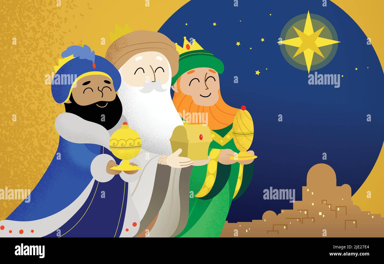 Epiphany celebrazione carino flat vettore illustrazione. Tre saggi o Magi o tre Re, Melchior, Caspar e Balthasar sorridendo e offrendo doni. Illustrazione Vettoriale