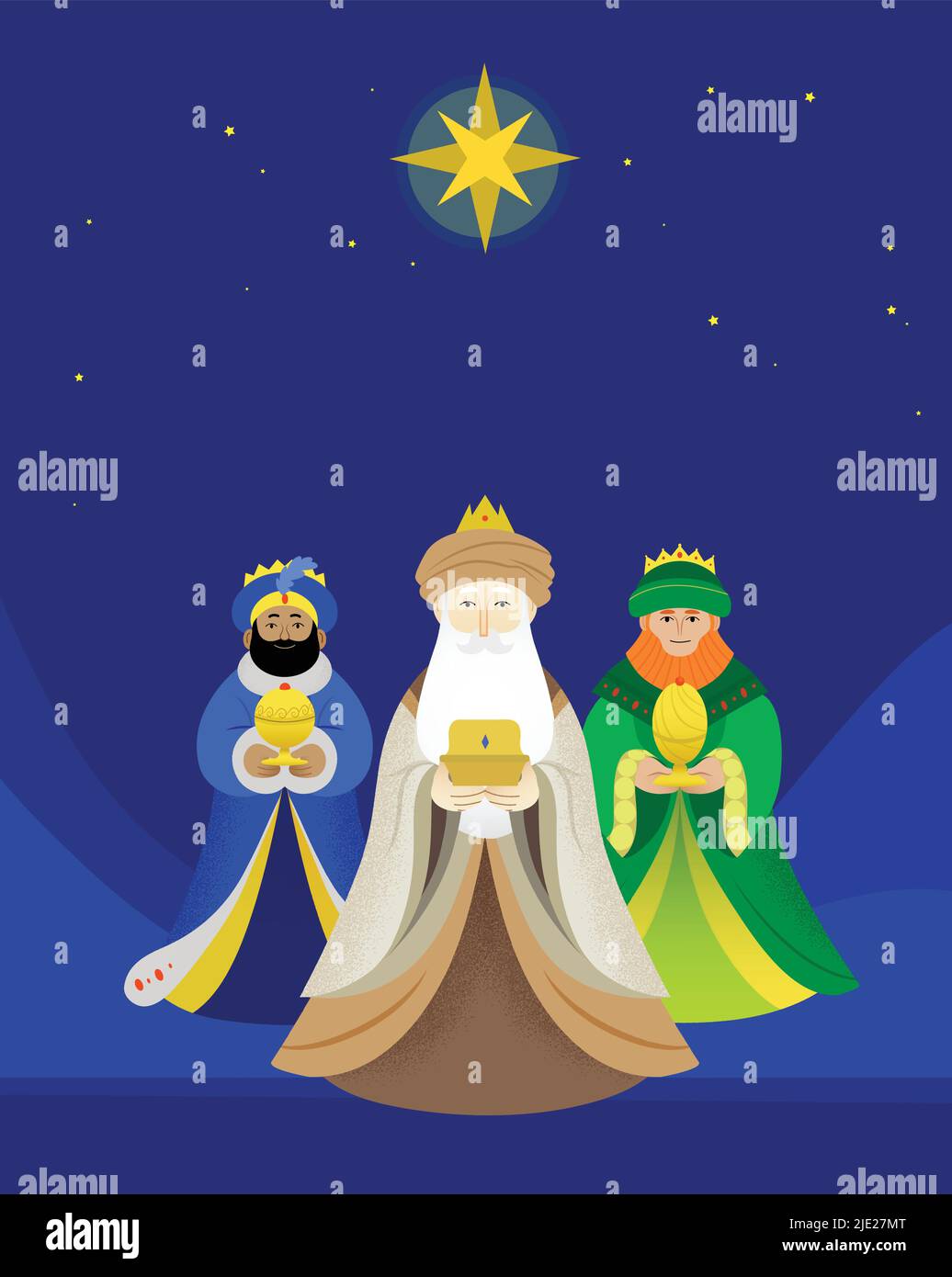 Epifania celebrazione flat vettore illustrazione. I tre saggi, Magi, tre Re, sotto la Stella di Betlemme. Melchior, Caspar e Balthasar. Illustrazione Vettoriale