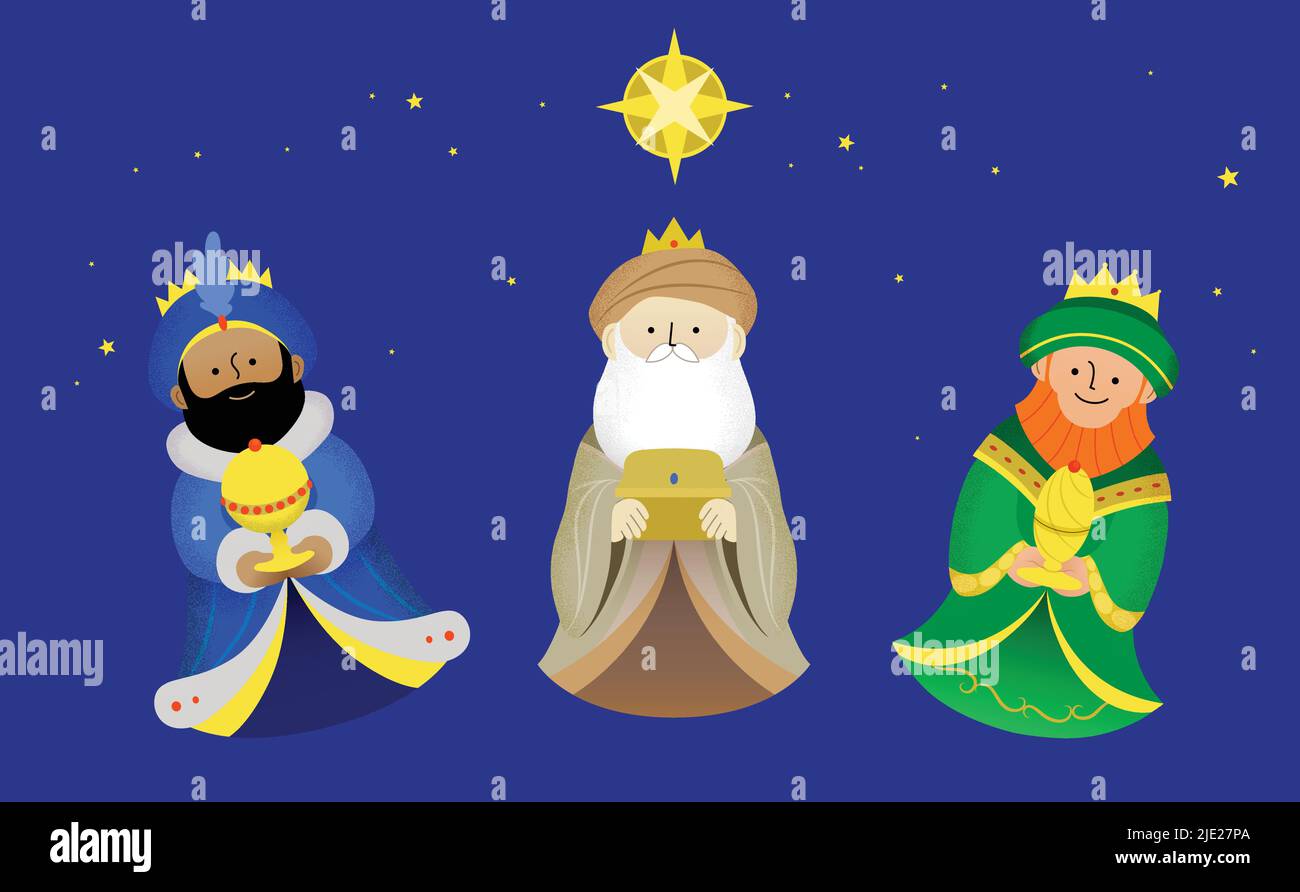 Illustrazione piatta del vettore di celebrazione dell'Epifania. I tre saggi, o tre Re, o Magi biblici, sotto la stella di Betlemme che porta regali. Illustrazione Vettoriale