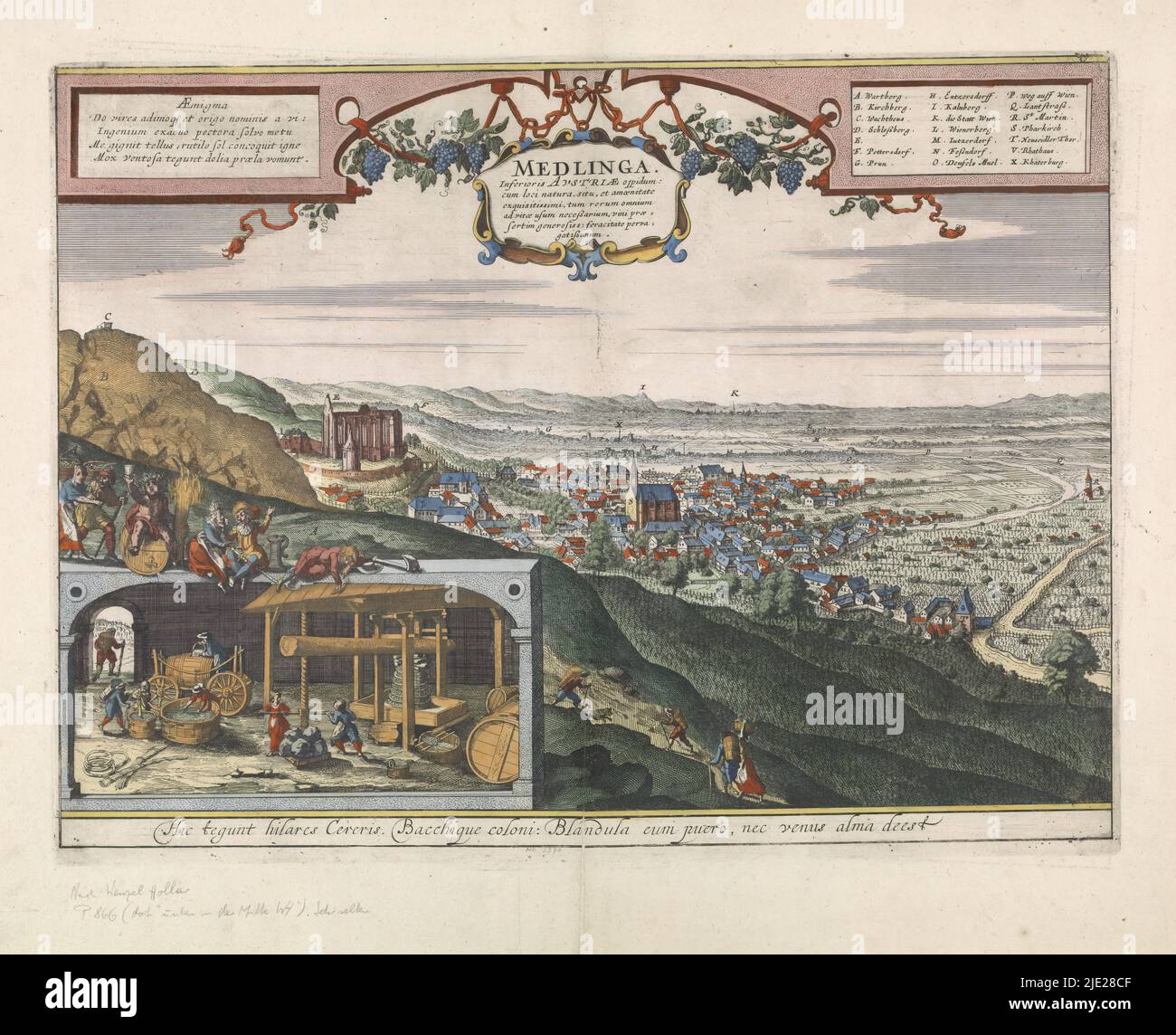 Vista su Medlinga/Mödling, vista su Mödling e dintorni. Inset in basso a sinistra raffigurante le persone al lavoro con una pressa per vino. Carta intestata sul verso. Da 'Civitates Orbis Terrarum', 1572-1680., tipografia: anonymous, dopo la stampa di: Wenceslaus Hollar, editore: Georg Braun, Colonia, 1617, carta, incisione, altezza 360 mm x larghezza 475 mm Foto Stock