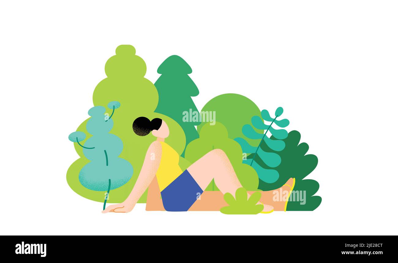 Giovane donna seduta e rilassante in natura con uno sfondo di piante e alberi. Nozione di protezione dell'uomo e della natura o dell'ambiente . Cura di sé. Illustrazione Vettoriale