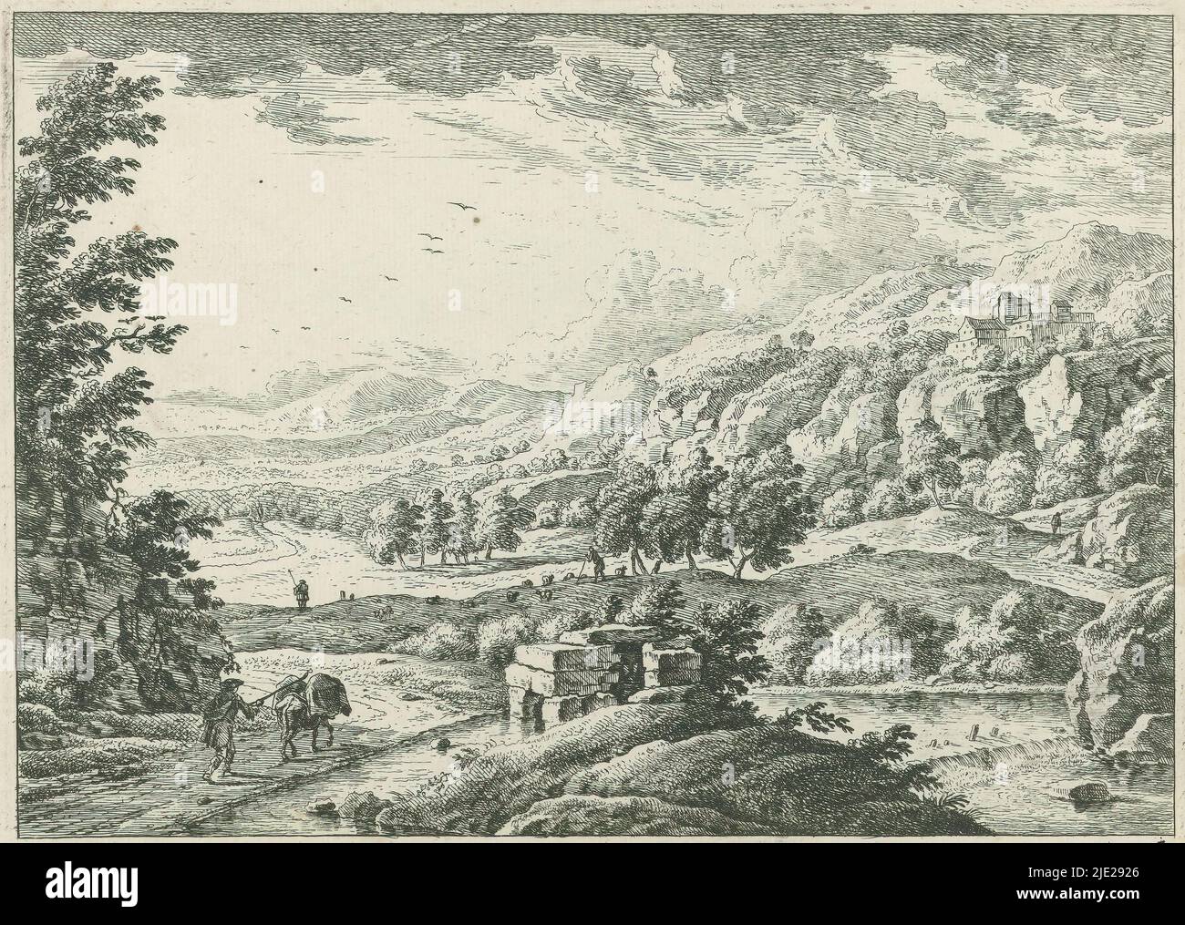 Paesaggio con fiume, tipografia: Monogrammist MEG, (menzionato sull'oggetto), dopo disegno di: anonimo, Germania, 1700 - 1730, carta, incisione, altezza 173 mm x larghezza 237 mm Foto Stock