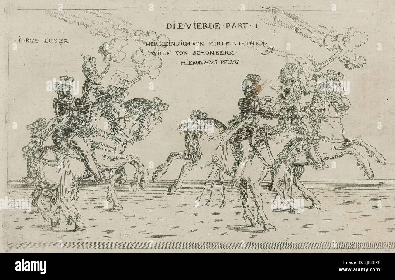 Horsemen Jorge Loser, suo Heinrich von Kirtznietzky, Wolf von Schonberk e Hieronimus Pflug pistole sparando, Die vierde parte i (titolo sull'oggetto), processione festosa con agosto, Elettore di Sassonia vestito come contadino (titolo della serie), tipografia: anonimo, Germania, 1553 - 1586, carta, incisione, altezza 240 mm x larghezza 297 mm, altezza 169 mm x larghezza 273 mm Foto Stock