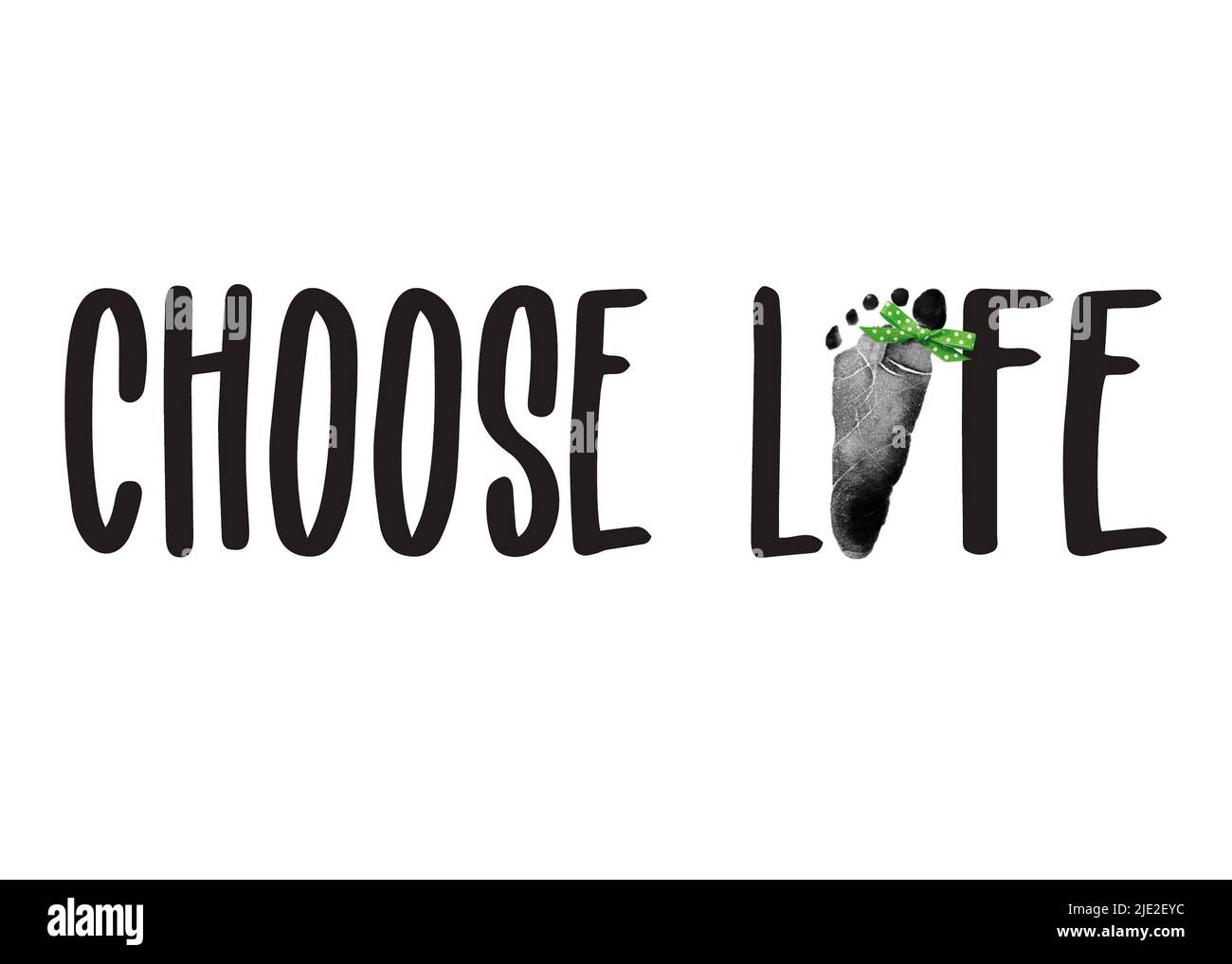 Testo anti-aborto con footprint del bambino e arco a pois verde isolato su bianco Foto Stock