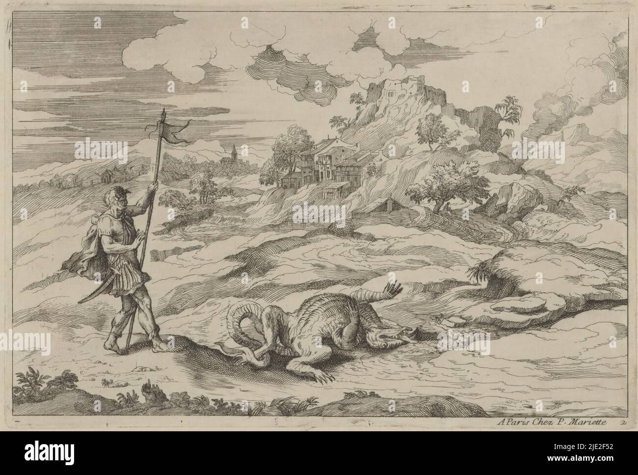 Paesaggio con George e il drago, Paesaggi dopo Tiziano (titolo della serie), numerato in basso a destra: 2., tipografo: Moise Jean Baptiste Fouard, dopo disegno di: Titiaan, editore: Pierre Mariette (II), (menzionato sull'oggetto), Parigi, c.. 1663 - 1726, carta, incisione, incisione, altezza 175 mm x larghezza 263 mm Foto Stock