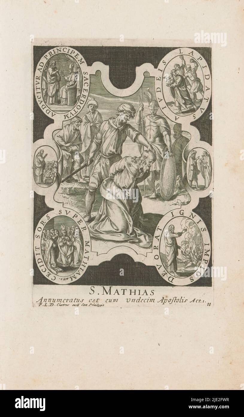 Martirio di Mattia, S. Mathias (titolo sull'oggetto), martirio degli Apostoli (titolo della serie), martirio di Mattia, in una cornice con sei piccole scene della sua vita. Parte di una serie di dodici rappresentazioni del martirio degli apostoli. Parte di un album di rappresentazioni principalmente cristiane., stampatore: anonimo, editore: Francois Langlois, (menzionato sull'oggetto), sconosciuto, (Menzionato sull'oggetto), Parigi, 1610 - 1647, carta, incisione, altezza 178 mm x larghezza 119 mm, altezza 298 mm x larghezza 182 mm Foto Stock